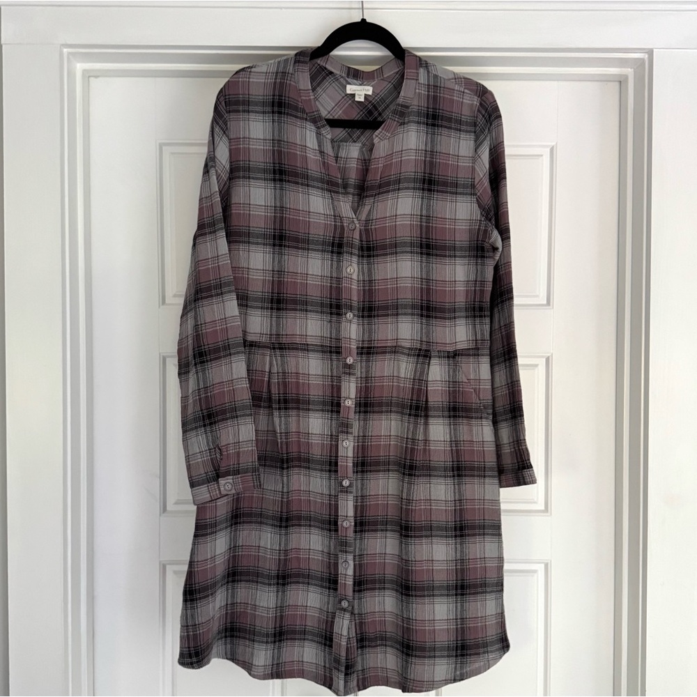 Garnet Hill Plaid Cotton Gauze Shirt Dress - size 8